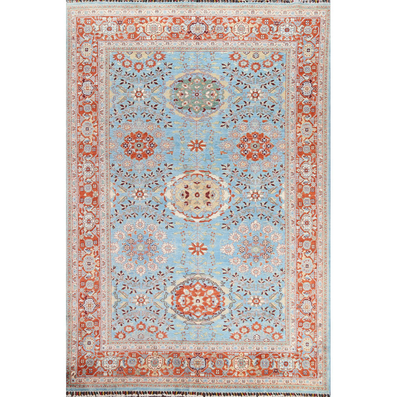 Tapis bleu clair en laine noué à la main de conception unique 5 pi 11 po x 8 pi 10 po