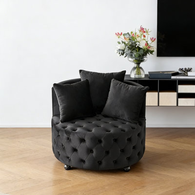 Velvet Upholstered Swivel Chair for Living Room, with Button Tufted Design and Movable Wheels, Including 3 Pillows