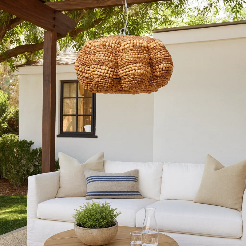 Lustre Fero, perles de bois de manguier sculptées à la main naturelles, 27 pouces, Laiton, Brun