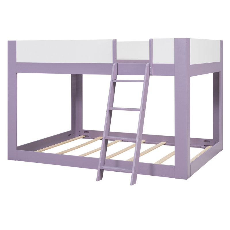 Lit superposé bas Queen Size, lit superposé convertible en bois avec échelle réversible, barrières de sécurité, violet et blanc
