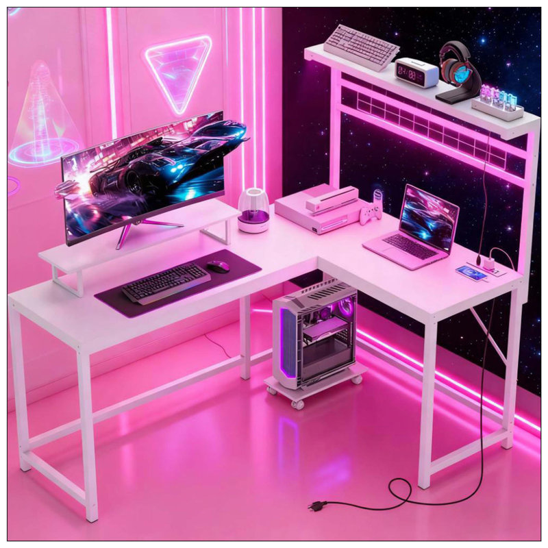 L Shaped Gaming Desk With Power Outlets, LED Lights, Monitor Stand, And CPU Shelf | Gift Idea, White/White
