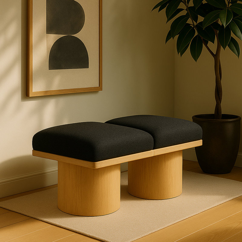 Banc rembourré Husnan, H 17,5 po x l 36 po x P 15,5 po, Naturel, Tissu bouclé noir