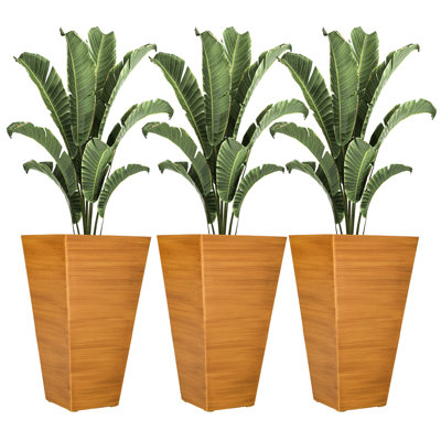 28" Tall Outdoor Planters, Set Of 3 Large Taper Planters With Drainage Holes And Plug, Faux Wood Plastic Flower Pots For Outdoor, Indoor, Garden, Patio
