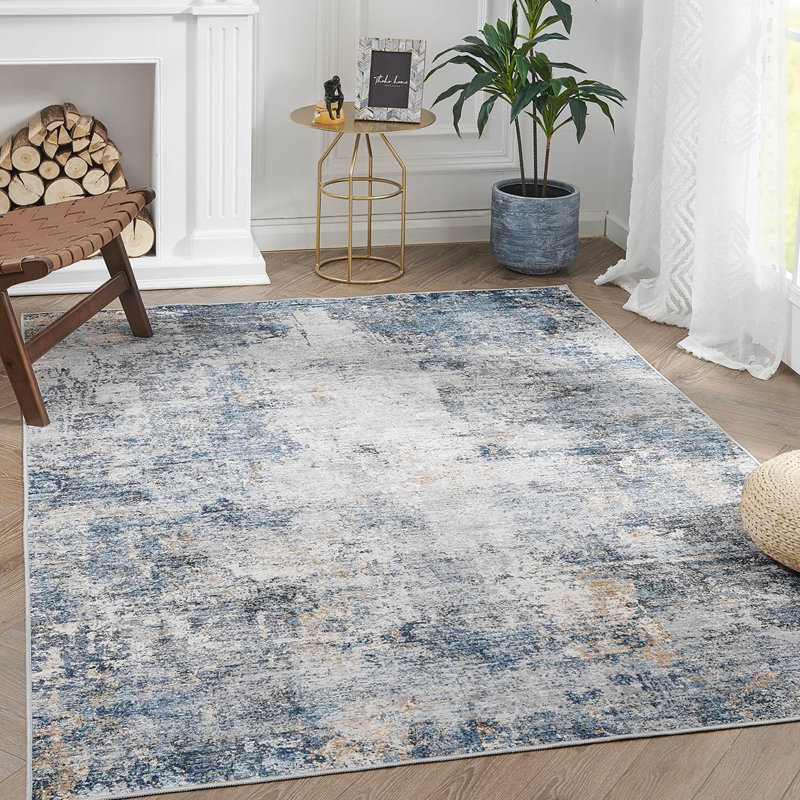 Abstract Non-Slip Machine Washable Blue Area Rug, Rectangle 4' x 6'
