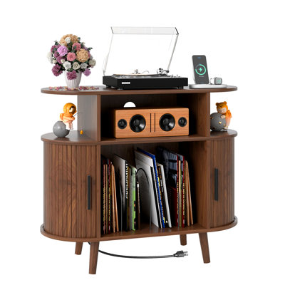 Circular recorder stand with charging station, curved drawer with push-pull function, and cable hole