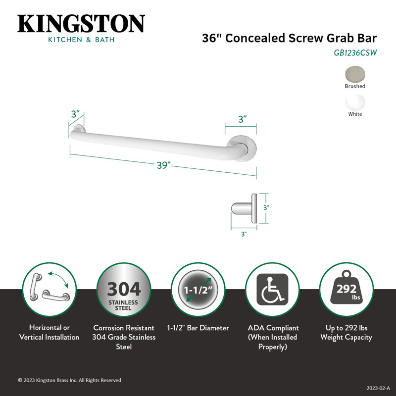 Barre d'appui de 1-1 / 2 po Kingston, l 36 po, Blanc