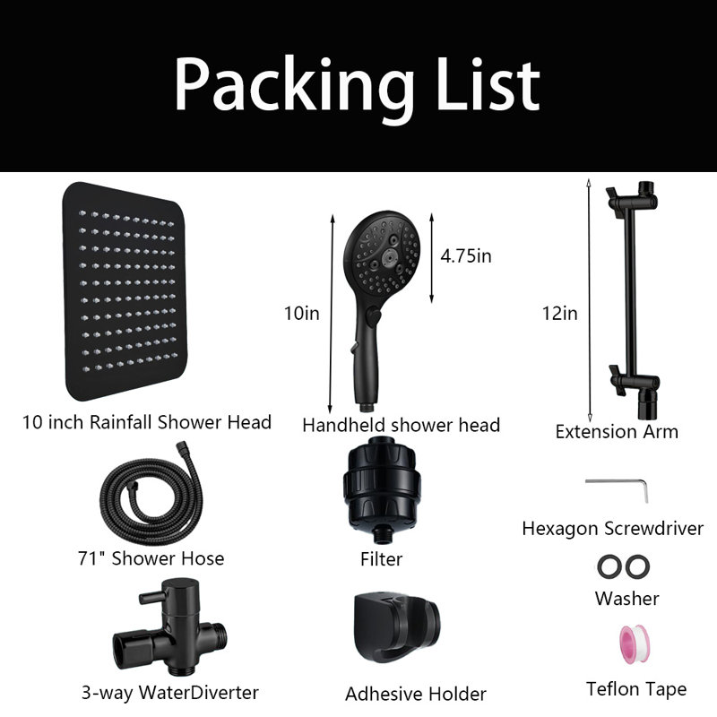 10'' Shower Head With Handheld, 20 Stage Filtered Shower Head,  6 Spray Settings Handheld Shower Head High Pressure Rainfall Filter Combo With 12'' Adjustable Extension Arm, 71'' Shower Hose