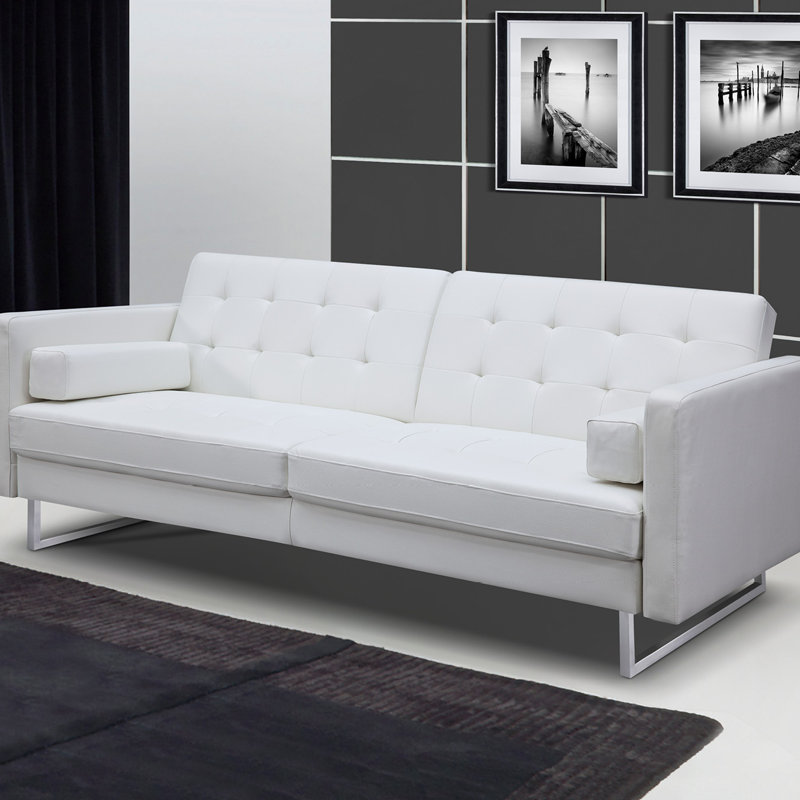 Växjö 87'' Faux Leather Sleeper, White Faux Leather, Chrome