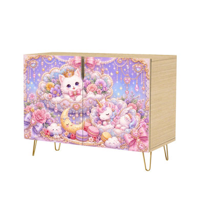 Sideboard Buffet Cabinet with Concealed Storage 2 Doors Kawaii Cat Flowers Macarons Starry Lavender Multiuse Cabinet for Living Room, Kitchen and Coffee Bar