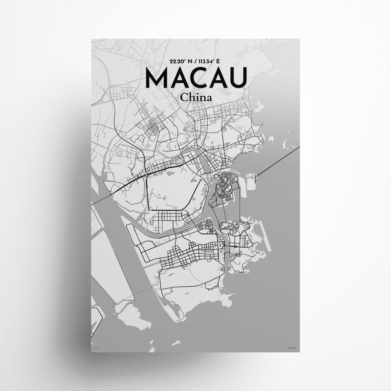 Macau, carte de la ville, impression, Gris / blanc, H 36 po x l 24 po