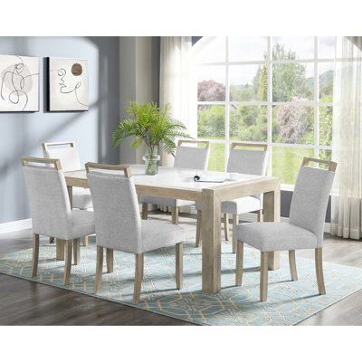 Modern 7pc Dining Including Rectangular White Marble Stone Table And Stylish Fine Upholstery Upholstered Chair