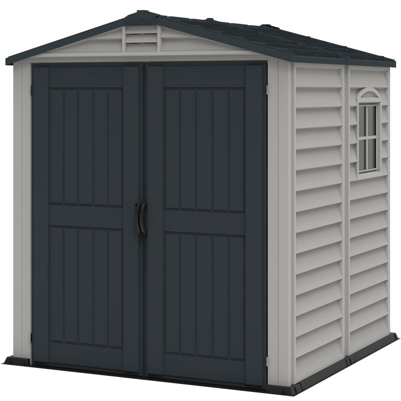Gray Vinyl Resin Storage Shed with Shelving and Windows