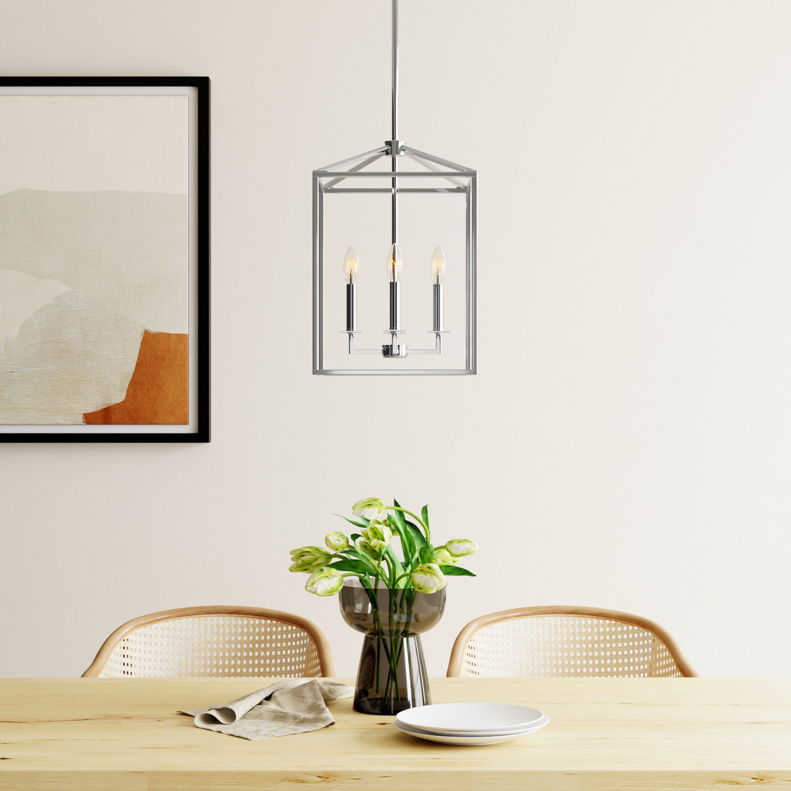 Ellis 4 - Light Metal Dimmable Lantern Chandelier, 18.5" H x 12.25" W x 12.25" D, Chrome, No