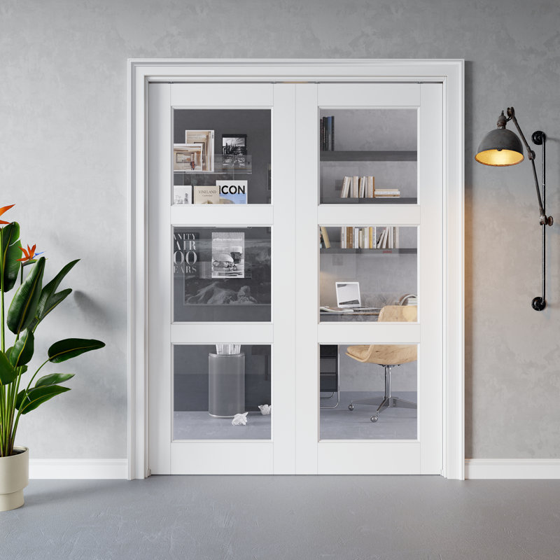 Porte intérieure coulissante à trois vantaux en verre clair, MDF CARB P2 et verre trempé SGCC, avec cadre renforcé et quincaillerie incluse, pour chambre à coucher, préfinie et imperméable, idéale pour garde-manger, chambre, salle de bain et garde-robe, teinture facile à appliquer soi-même, 142 x 203 cm