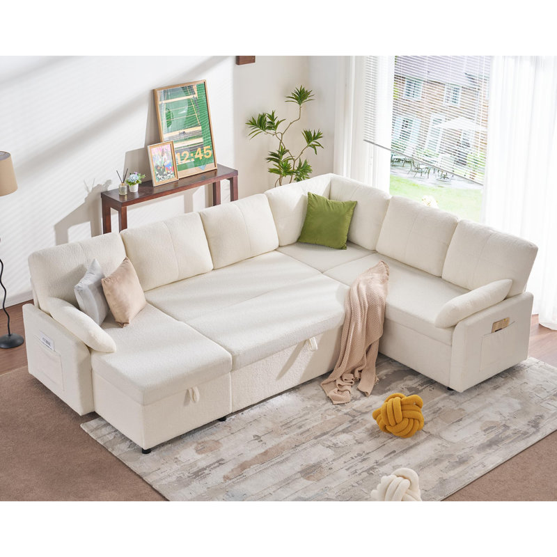 112 Inch Pull Out Sofa Couch, Cozy Sofa Bed With Storage Chaise & 3 Seater, Oversized U Shape Sleeper With Pull Out Bed For Living Room