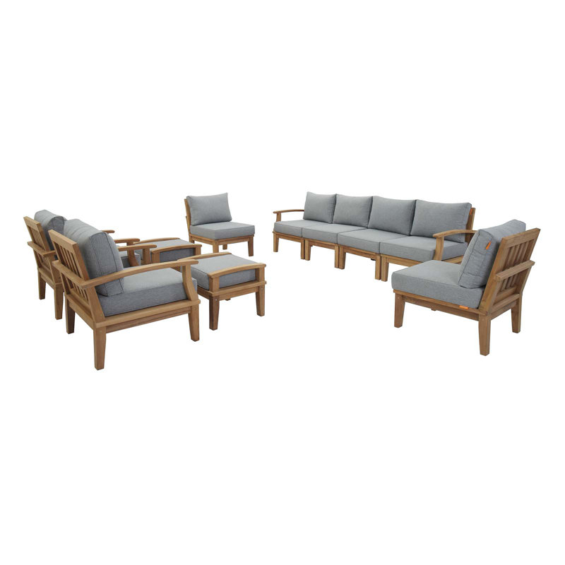 Ensemble de conversation modulaire en teck avec coussins 10 pièces Marina, Gris