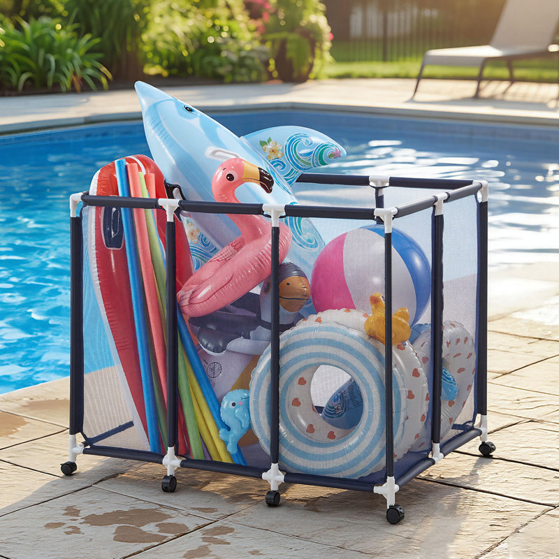 Pool Storage Bin, 48 x 33 x 39 in, Rolling Pool Float Storage Organizer with Casters, Durable Plastic Frame, Poolside Toys Noodles Holder, Breathable Mesh Basket for Swimming Pools