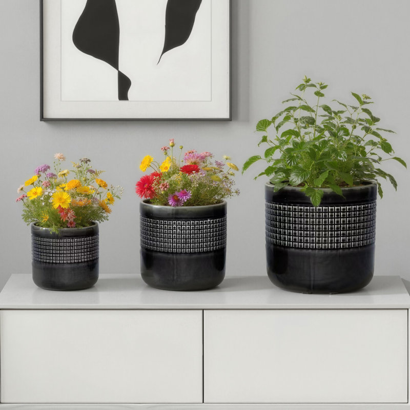 Ensemble de 3 pots de fleurs décoratifs pour l'extérieur avec pot de 10 po, Noir / blanc