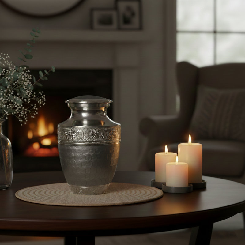 Engraved Memorial Urn With Textured, Gray