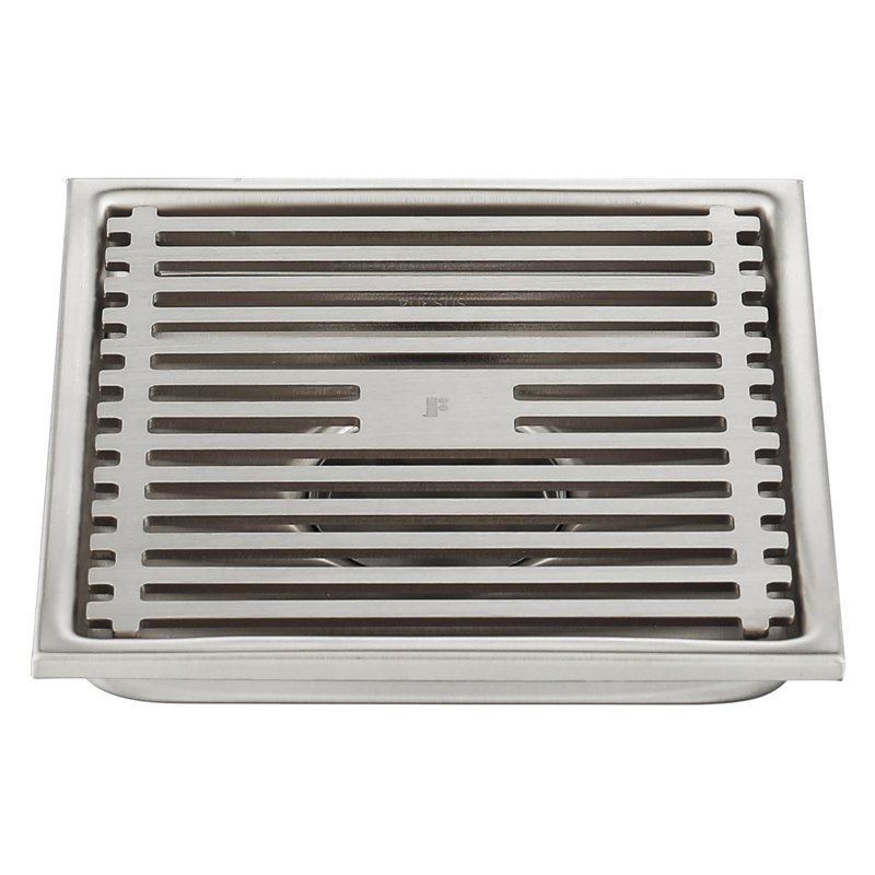 FINE FIXTURES Square Shower Floor Drain, 6 inch Slotted Grate Design, 10-Gauge 304 Stainless Steel, Center Outlet, Fast Drainage, Hair Strainer Included