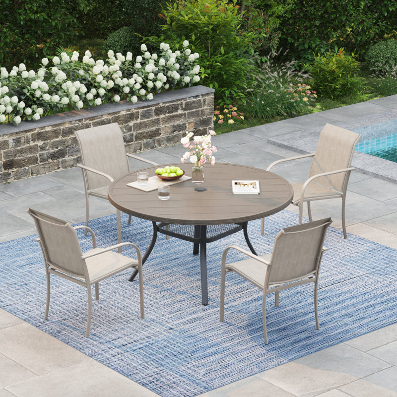 4-Person Square Patio Dining Set With Stackable PVC-coated polyester Chairs, Brush Wood Gray/Sandshell