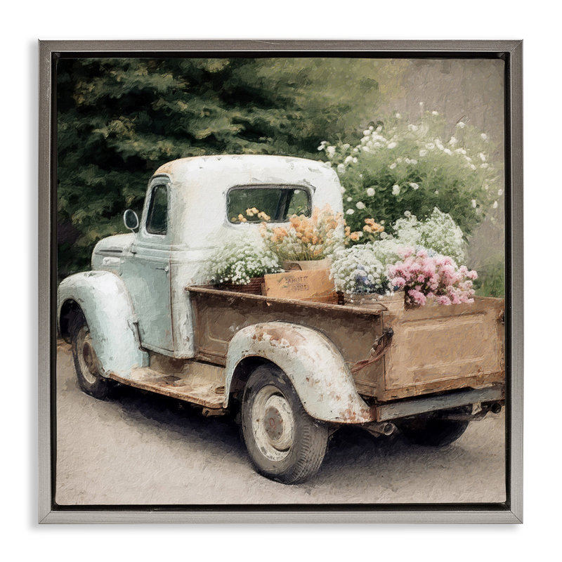 Fleurs de campagne en camion, Cadre flottant gris lustré, H 25 po x l 25 po