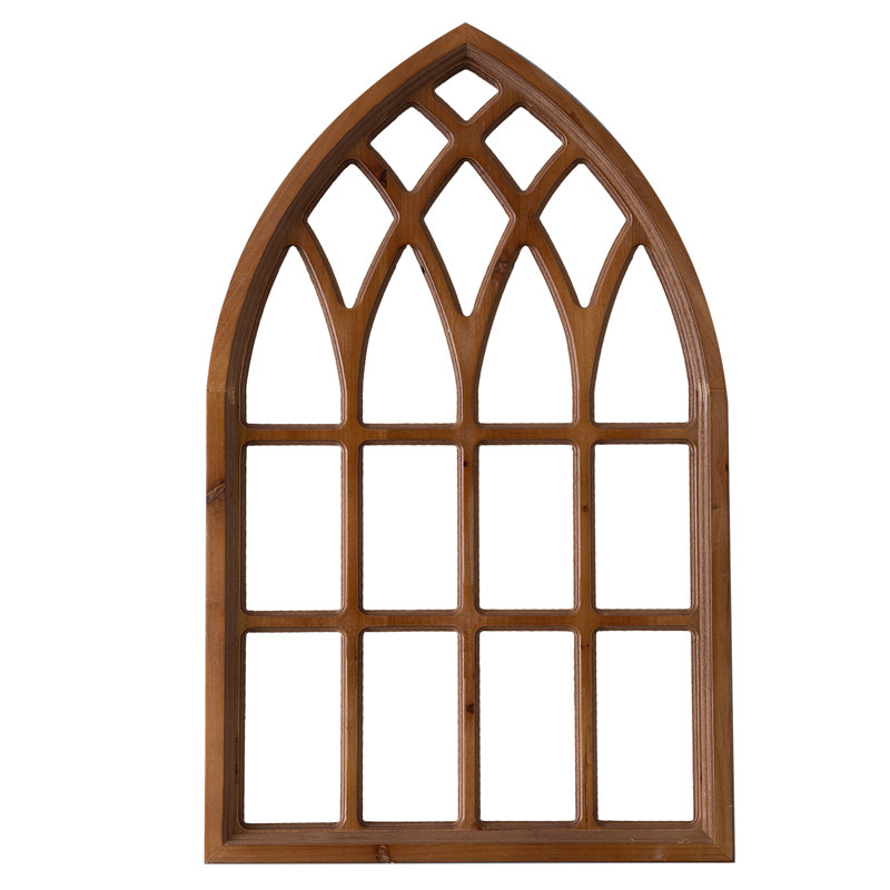 Farmhouse Arched Window Frame Wall Decor 20 X 32 Inches, Hanging Burning Finish Cathedral Wooden Window Frame, Handmade Rustic Faux Window Pane