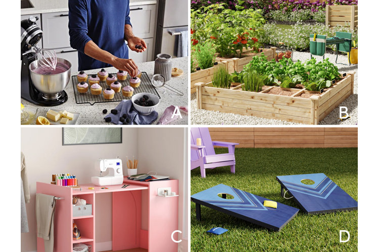 Collage of four different activities labeled A, B, C, or D, including baking, gardening, sowing, and playing cornhole.