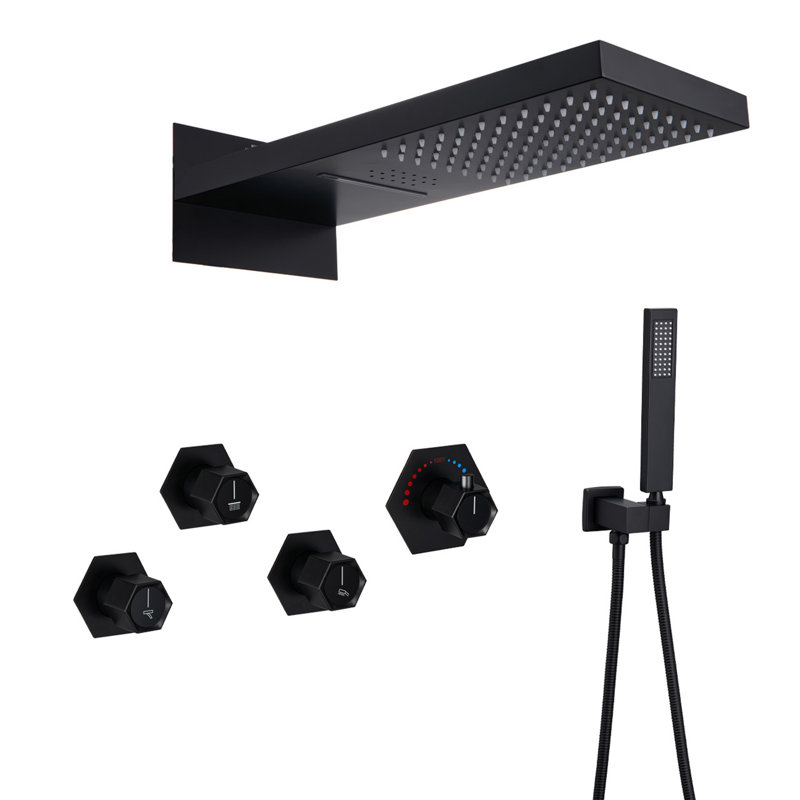22" Wall-Mount LED Bluetooth Music Thermostatic Rainfall Complete Shower System with Rough in-Valve, Matte Black