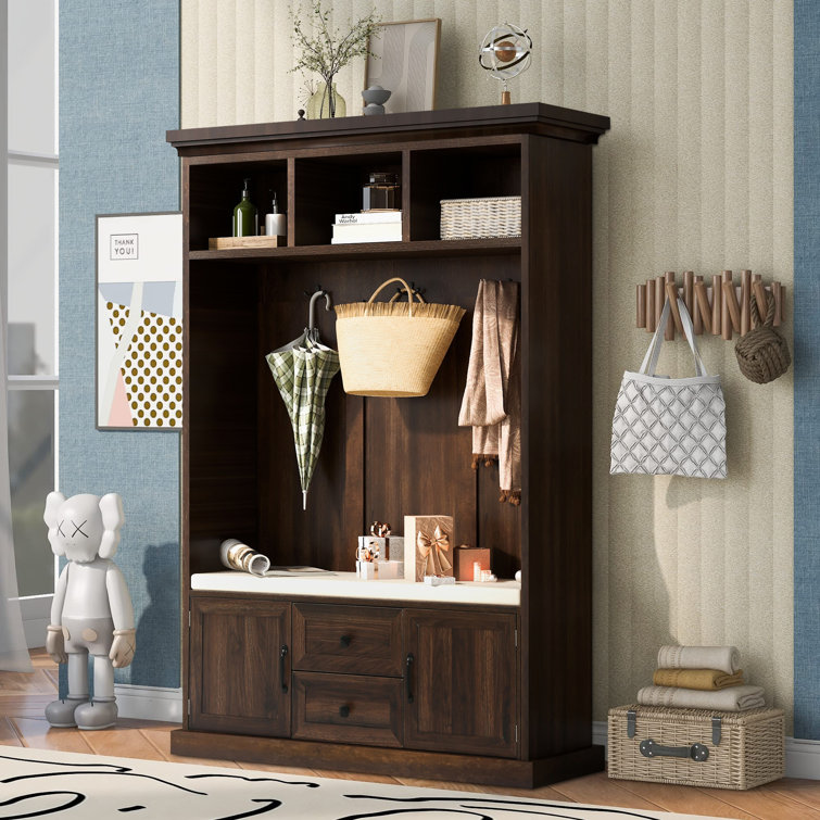 Mavino 47W Hall Tree with 3 Metal Double Hooks, Multiple Entryway Bench with 3 Open Storage Shelves Canora Grey Color: Brown