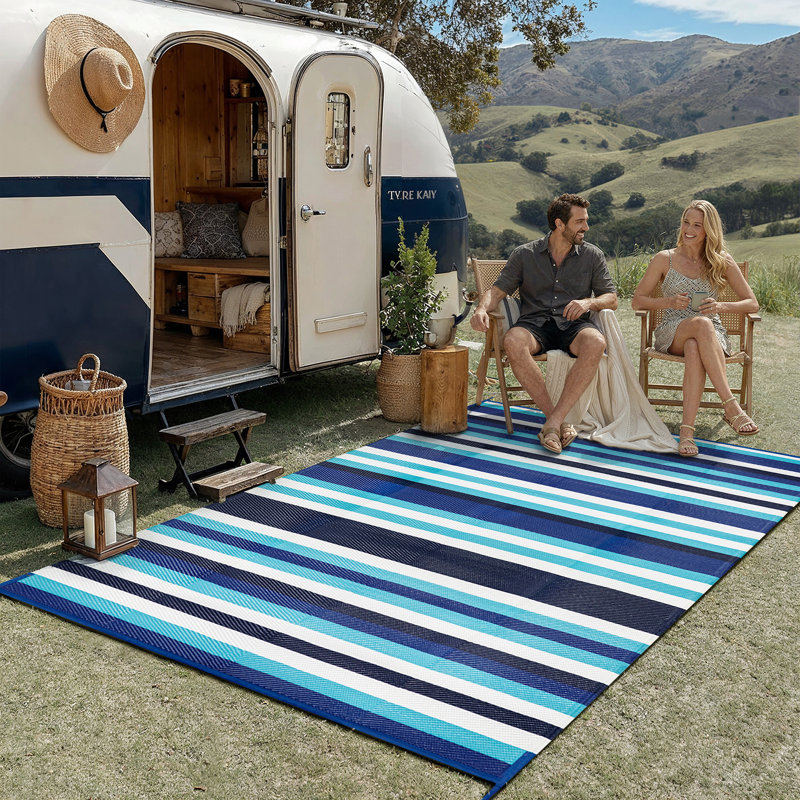 Ellie Waterproof Striped Reversible Outdoor Rug, Rectangle 6' x 9', Blue