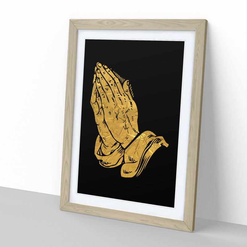 Praying Hands In Gold - Single Picture Frame Print on Wood, Oak Framed, 65cm H x 48cm W x 2cm D
