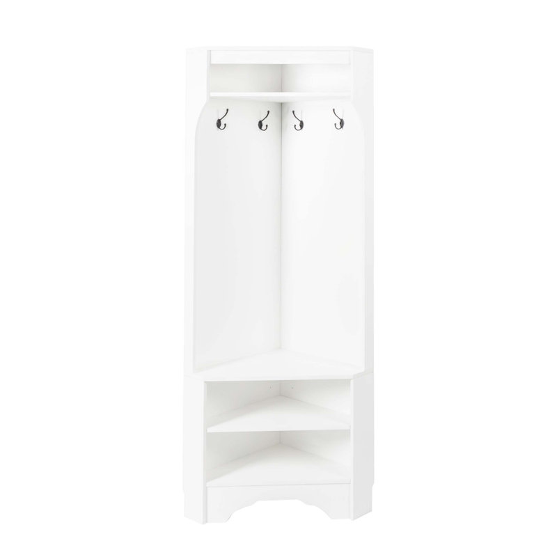 Minimalist Corner Hall Tree with Shoe Bench, Adjustable Shelf, Four Hooks, and Top Storage for Efficient Entryway Organization.