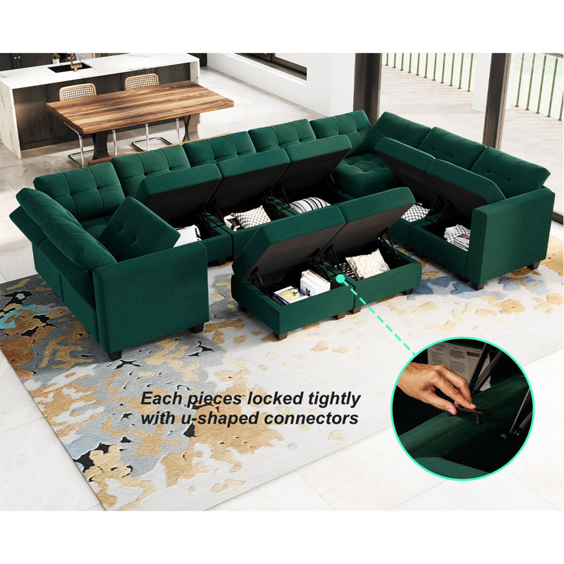 Buckleton 143'' W Large Upholstered Velvet Movable Modular U Shape Sofa with Storage, Green Velvet