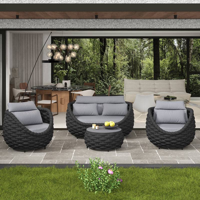 Giany Fully Assembled Altuminum Frame 4 - Person PVC-coated polyester Rope Outdoor Seating Group with Cushions, Light Gray