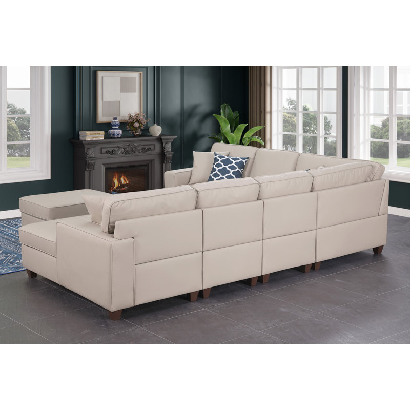 Canapé modulaire en cuir avec repose-pieds 7 pièces Carstens, Similicuir beige