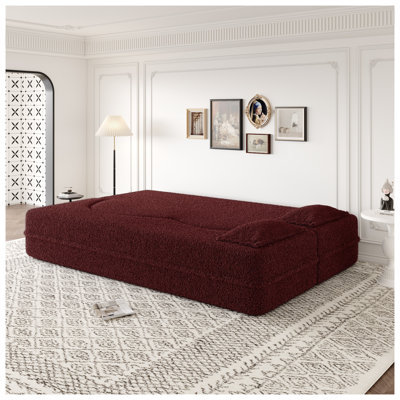 Modern Convertible Sleeper Sofa Bed with 2 Pillows - Teddy Fabric Floor Sofa, Full Size Folding Mattress for Living Room Guest Bed, No Assembly Required, Burgundy