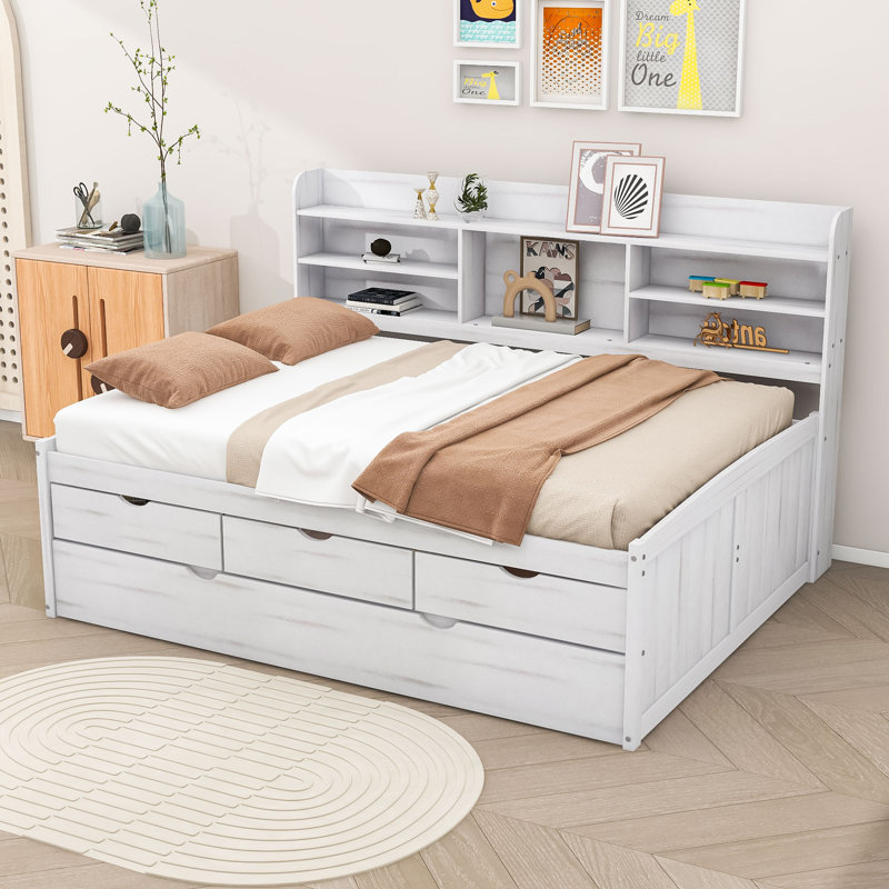 Lit plateforme en bois avec 3 tiroirs Ephinne, Double, Blanc