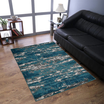 Tapis lavable en polypropylène tissé à la machine Costales - Design abstrait | Tapis argent et bleu | Tapis de salon, chambre à coucher