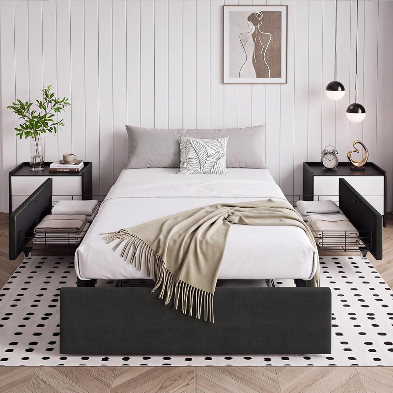 Cadre de lit plateforme rembourré pour deux personnes avec 3 tiroirs de rangement, gris foncé, Lit simple, Gris foncé
