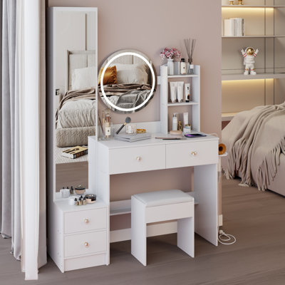 Ensemble de meuble-lavabo rond à DEL 17 po avec tabouret, miroir tactile 3 couleurs, rangement multi-couches pour petits espaces