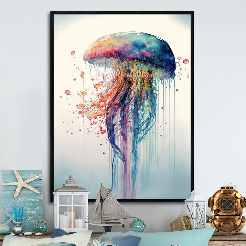 Art coloré sur toile, méduse colorée Deepsea IV, H 20 po x l 12 po, Toile avec cadre flottant, Noir