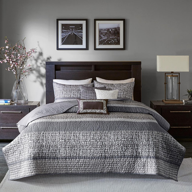 Ensemble de courtepointe réversible en polyester jacquard de 6, Gris; taupe, King Quilt + 5 Additional Pieces