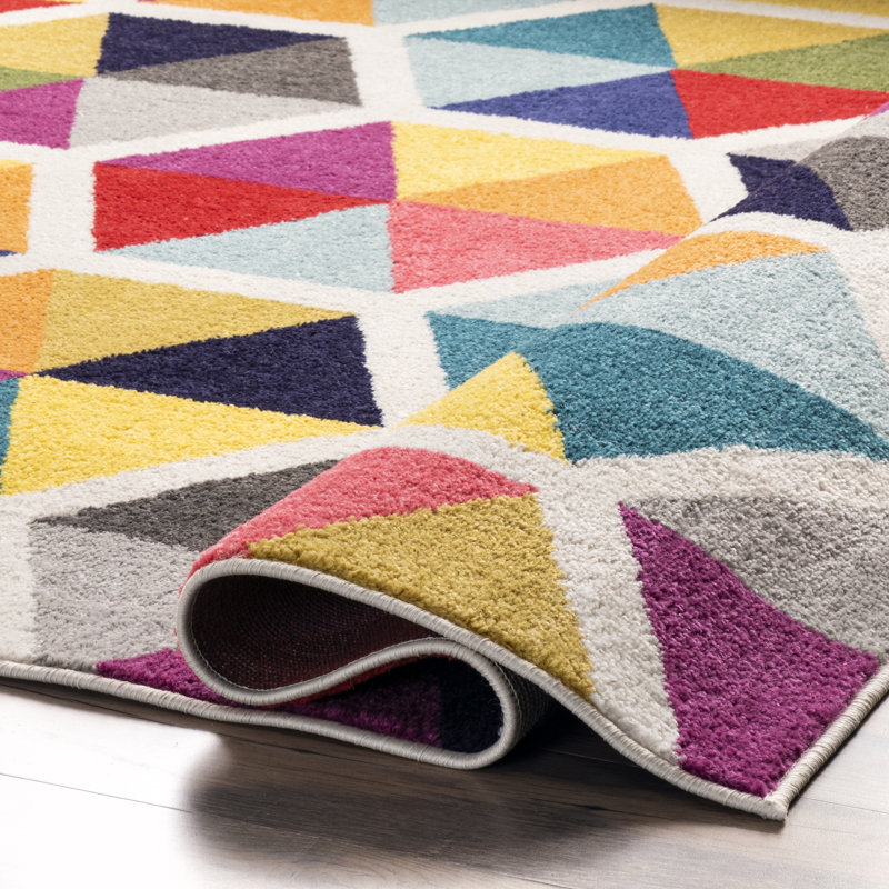 Sesto Geometric Power Loom Performance Pink/Yellow/Blue/Black Rug, Rectangle 5' x 8'