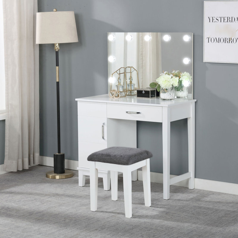 Dark Grey And White Vanity With Stool, Drawer Storage Side Cabinet, Ideal For Bedroom Decor, 51.03H X 36W 19D Inches Finish