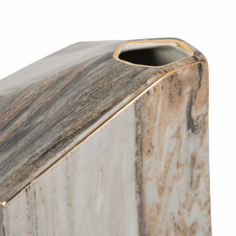 Decorative Angled Shape Vase with Marble Like Finish for Home Decor – Modern Flower Vase Ideal for Shelf Styling, Tabletop Accent, or Entryway – Gray