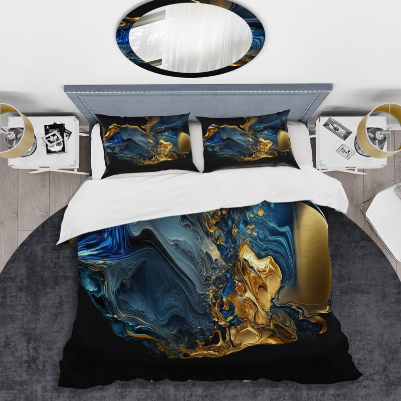 Ensemble de housse de couette abstraite en géode de marbre bleu et doré en microfibre / polyester