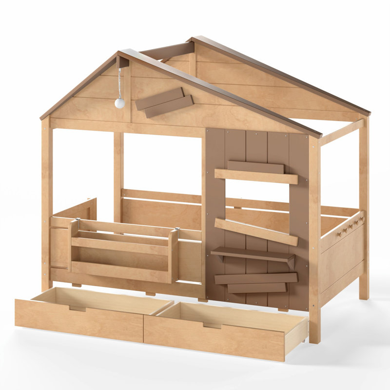 Lit maison avec tablette, crochets latéraux, cadre de lit avec tiroirs de rangement et DEL, Lit simple, Clair naturel