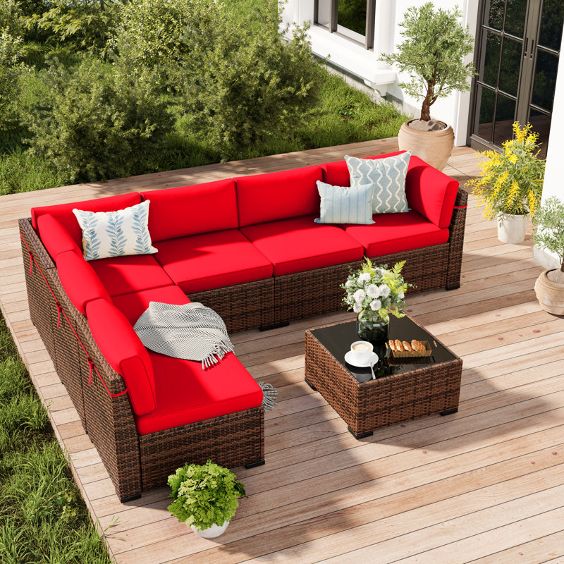 Ensemble de conversation modulaire d'extérieur en osier 7 pièces avec table de foyer d'extérieur Treyshun, Rouge vin, Non