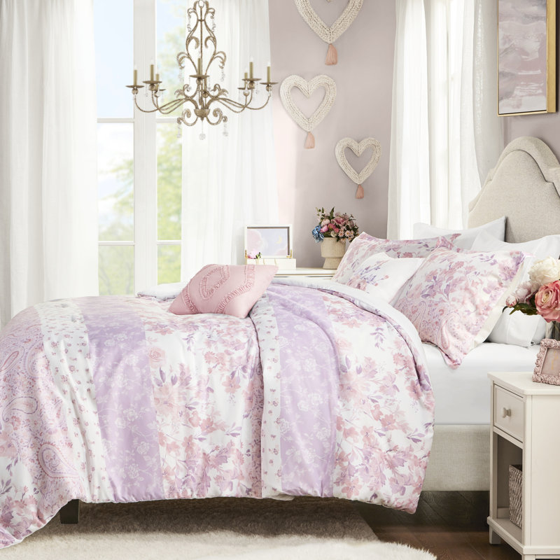Édredon simple / simple TG à motif cachemire floral, 2 taies décoratives, coussins, literie et imprimé romantique et lavable